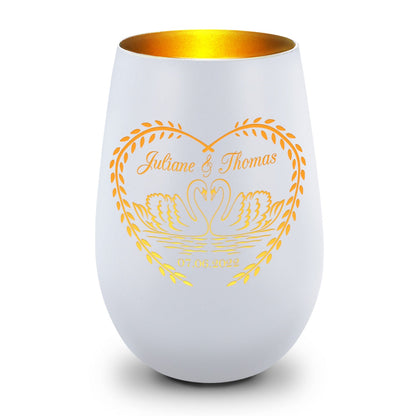 Deko Windlicht aus Glas mit Gravur - Schwanenherz v2 - Personalisiert mit Namen & Datum