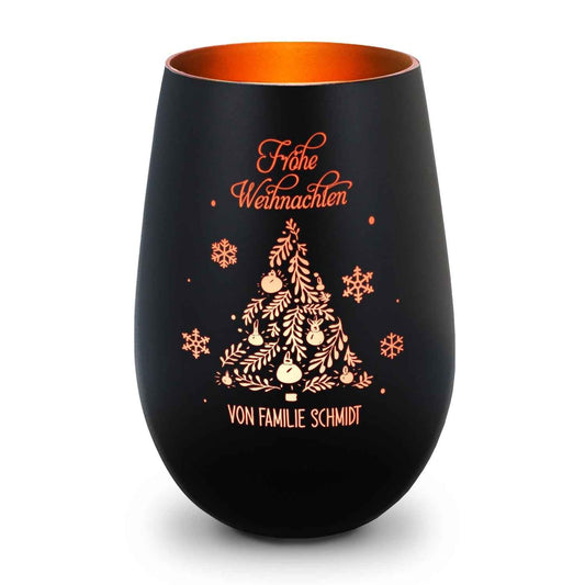 Deko Windlicht aus Glas mit Gravur - Frohe Weihnachten - Personalisiert mit Namen