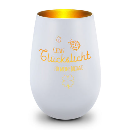 Deko Windlicht aus Glas mit Gravur - Kleines Glückslicht - Personalisiert mit Name