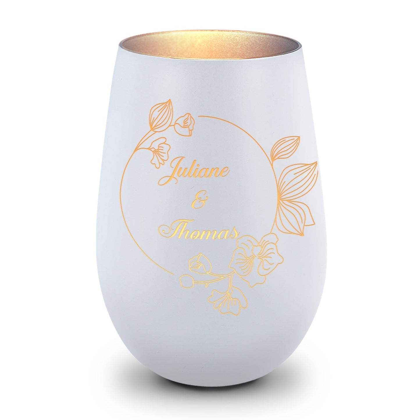 Deko Windlicht aus Glas mit Gravur - Nature Circle Flower - Personalisiert mit Namen