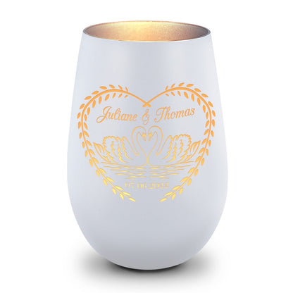 Deko Windlicht aus Glas mit Gravur - Schwanenherz v2 - Personalisiert mit Namen & Datum