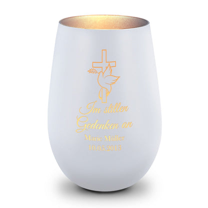 Deko Windlicht aus Glas mit Gravur - Im Stillen Gedenken - Personalisiert mit Namen & Datum - Trauer