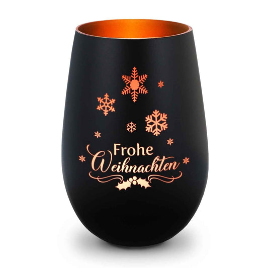 Deko Windlicht aus Glas mit Gravur - Frohe Weihnachten Schneeflocke