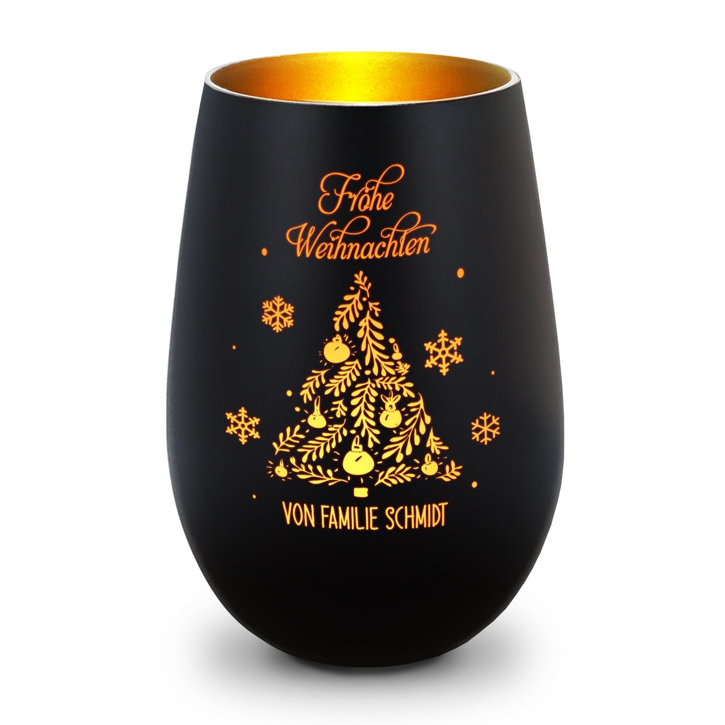Deko Windlicht aus Glas mit Gravur - Frohe Weihnachten - Personalisiert mit Namen