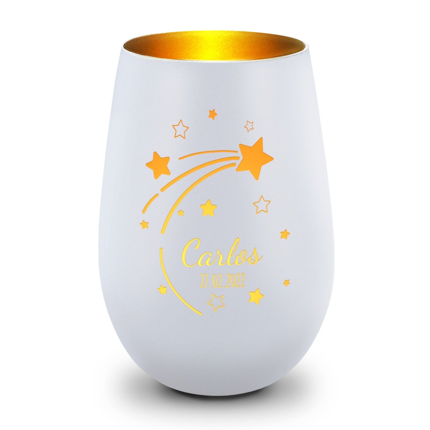Deko Windlicht aus Glas mit Gravur - Sternschnuppe - Personalisiert mit Namen & Datum
