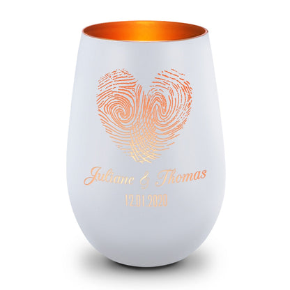 Deko Windlicht aus Glas mit Gravur - Herz Fingerabdruck - Personalisiert mit Namen & Datum
