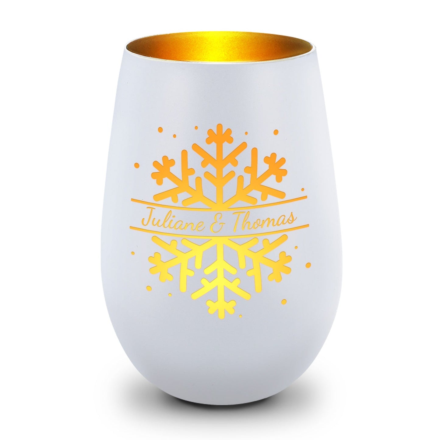 Deko Windlicht aus Glas mit Gravur - Schneeflocke - Personalisiert mit Namen - Geschenk zu Weihnacht