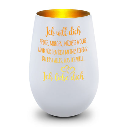 Deko Windlicht aus Glas mit Gravur - Ich will dich heute, morgen