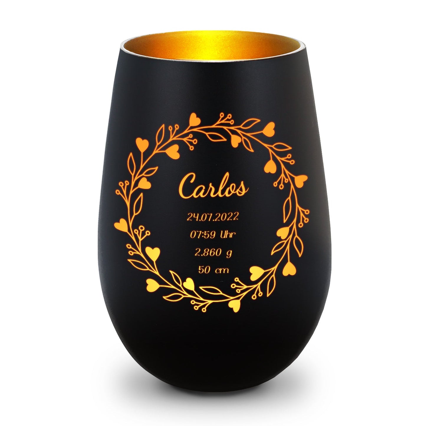 Deko Windlicht aus Glas mit Gravur - Geschenk zur Geburt - Personalisiert mit Namen