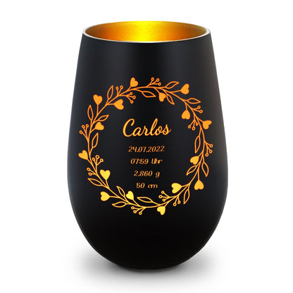 Deko Windlicht aus Glas mit Gravur - Geschenk zur Geburt - Personalisiert mit Namen
