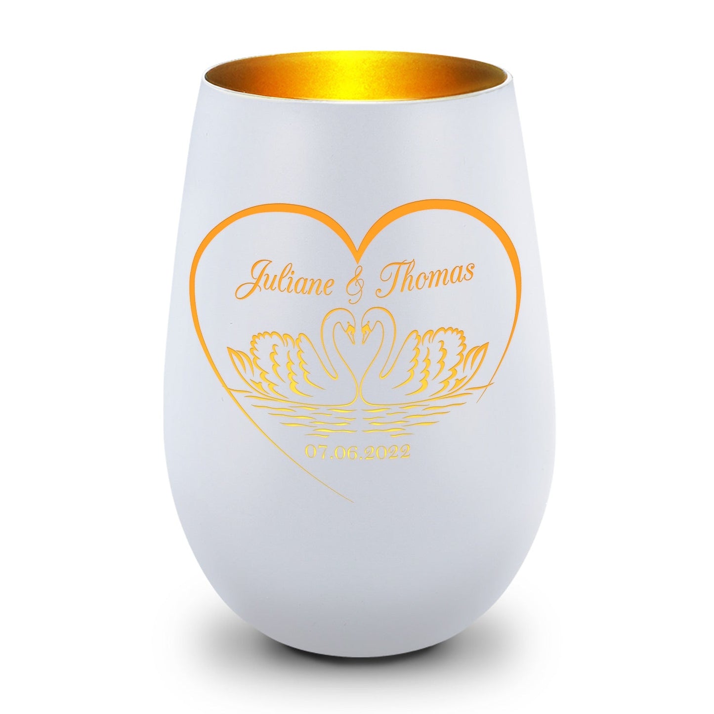 Deko Windlicht aus Glas mit Gravur - Schwanenherz - Personalisiert mit Namen & Datum