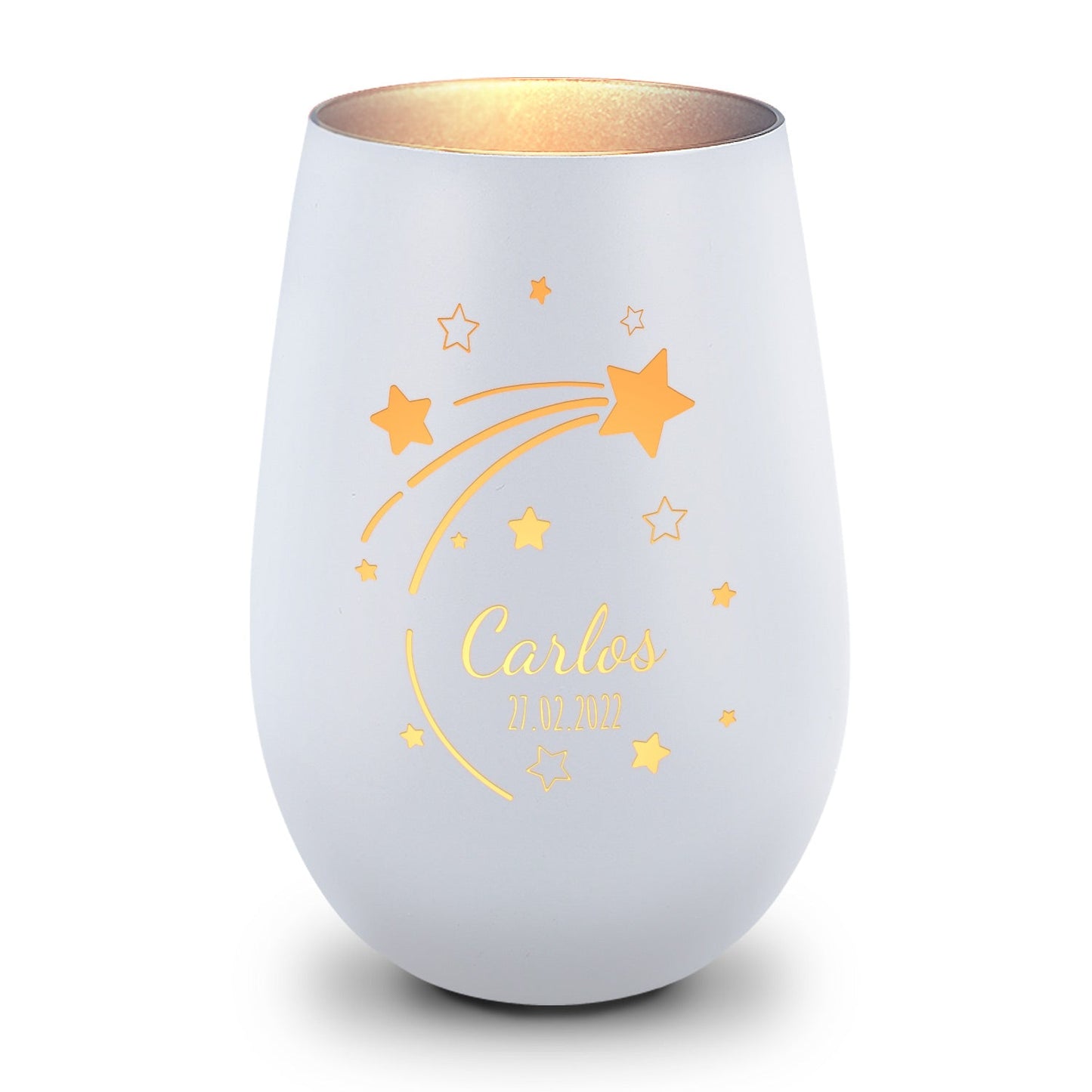 Deko Windlicht aus Glas mit Gravur - Sternschnuppe - Personalisiert mit Namen & Datum