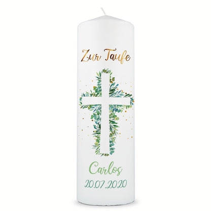Große Kerze "Eukalyptus Kreuz" - Taufkerze mit Namen, Datum & Taufspruch