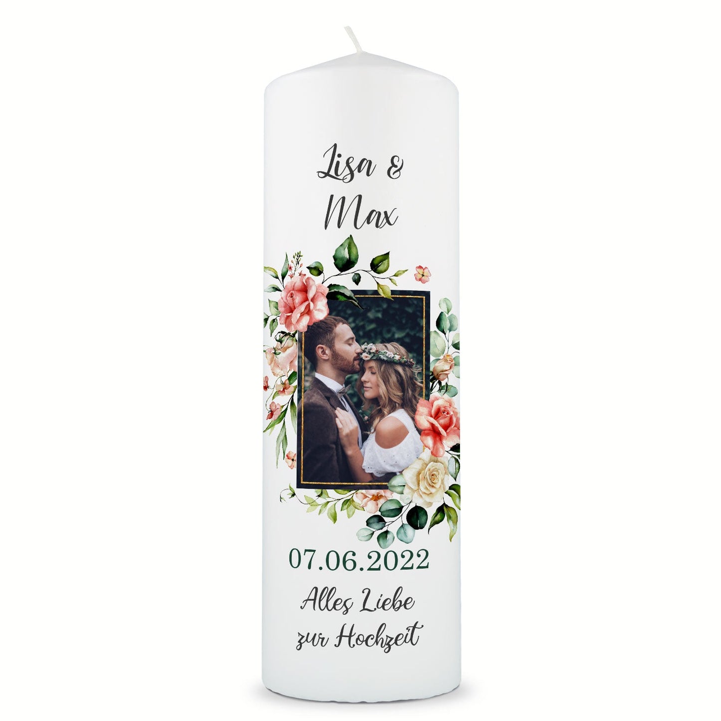Große Kerze - "Hochzeitsfoto" - Hochzeitskerze mit Foto, Namen, Datum & Wunschtext