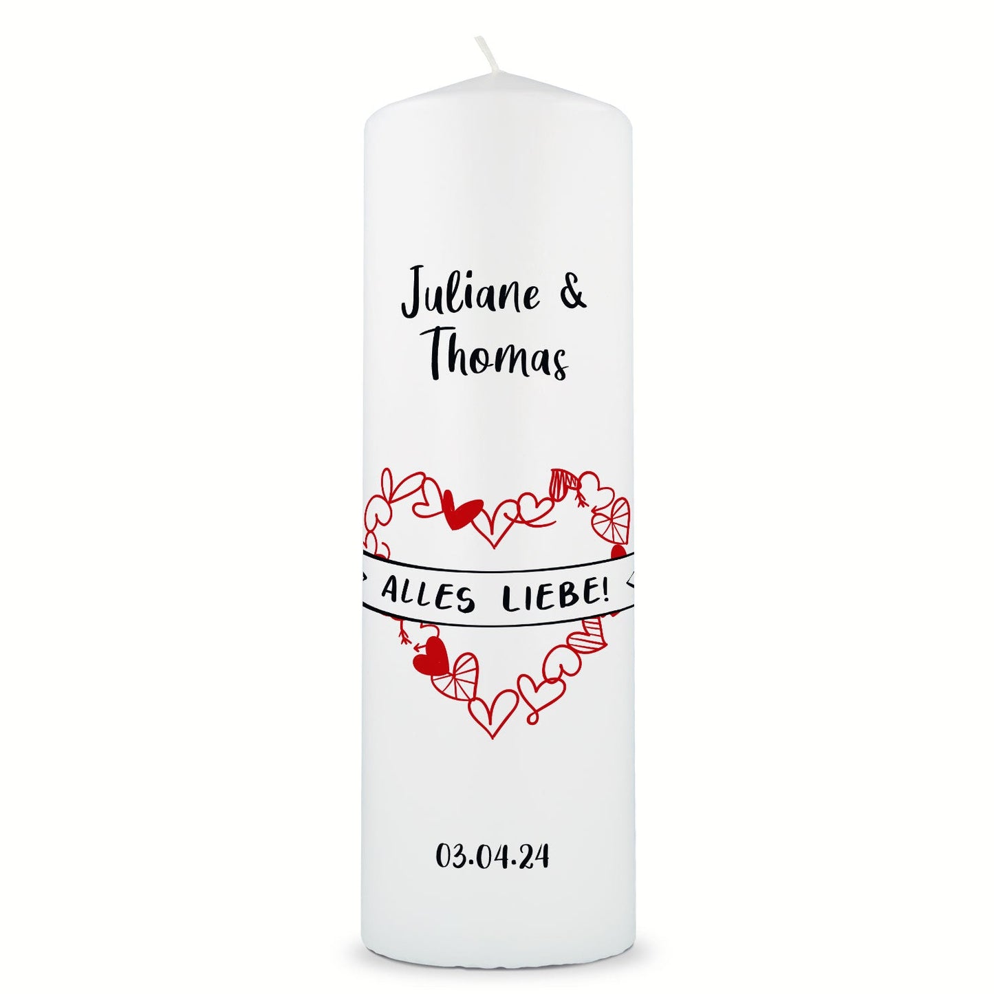 Große Kerze "Alles Liebe" - Hochzeitskerze mit Namen, Datum & Wunschtext