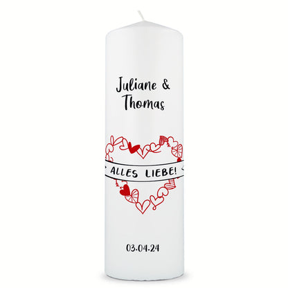 Große Kerze "Alles Liebe" - Hochzeitskerze mit Namen, Datum & Wunschtext
