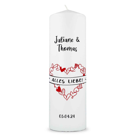 Große Kerze "Alles Liebe" - Hochzeitskerze mit Namen, Datum & Wunschtext