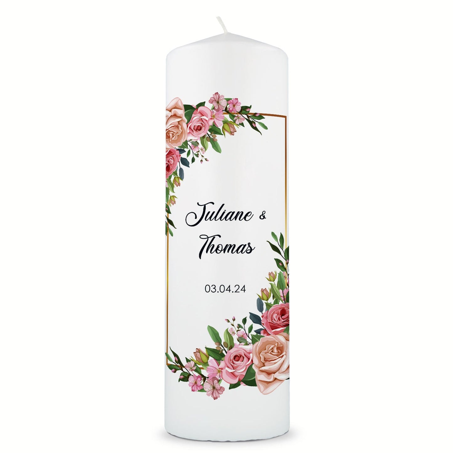 Große Kerze "Floral Golden" - Hochzeitskerze mit Namen, Datum & Wunschtext