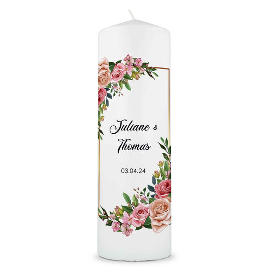 Große Kerze "Floral Golden" - Hochzeitskerze mit Namen, Datum & Wunschtext