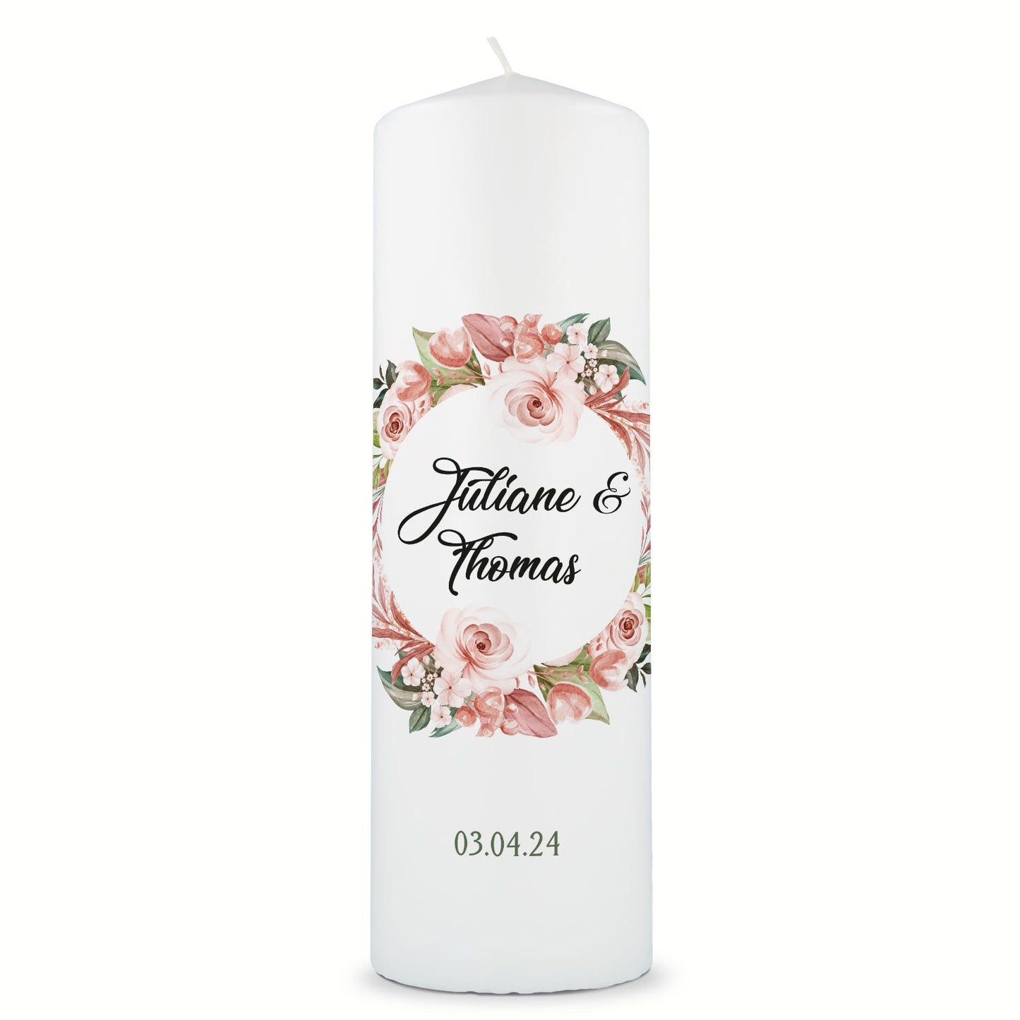 Große Kerze "Floral White" - Hochzeitskerze mit Namen, Datum & Wunschtext