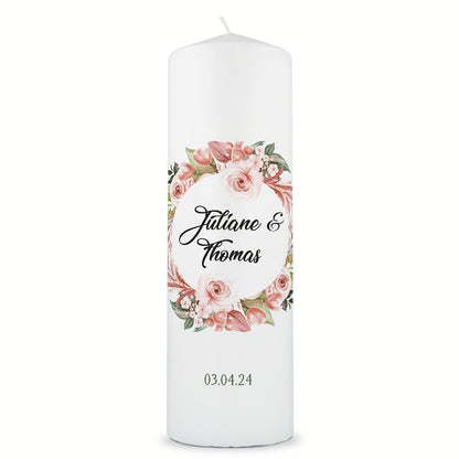 Große Kerze "Floral White" - Hochzeitskerze mit Namen, Datum & Wunschtext