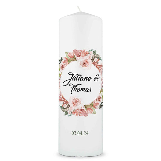 Große Kerze "Floral White" - Hochzeitskerze mit Namen, Datum & Wunschtext
