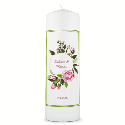 Große Kerze "Green Flower" - Hochzeitskerze mit Namen, Datum & Wunschtext