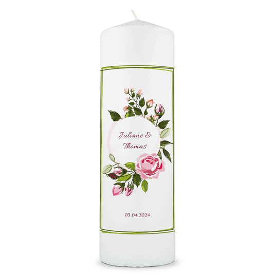 Große Kerze "Green Flower" - Hochzeitskerze mit Namen, Datum & Wunschtext