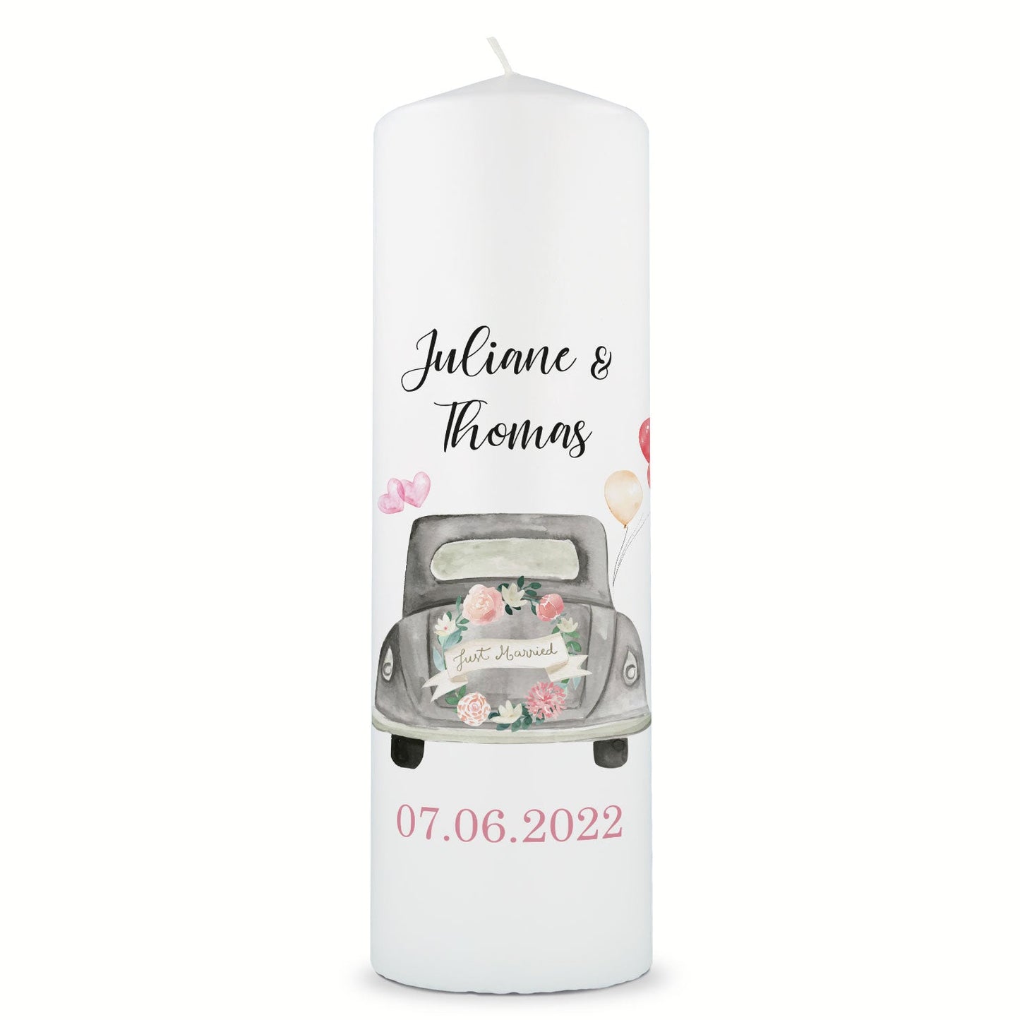 Große Kerze "Just Married" - Hochzeitskerze mit Namen, Datum & Wunschtext