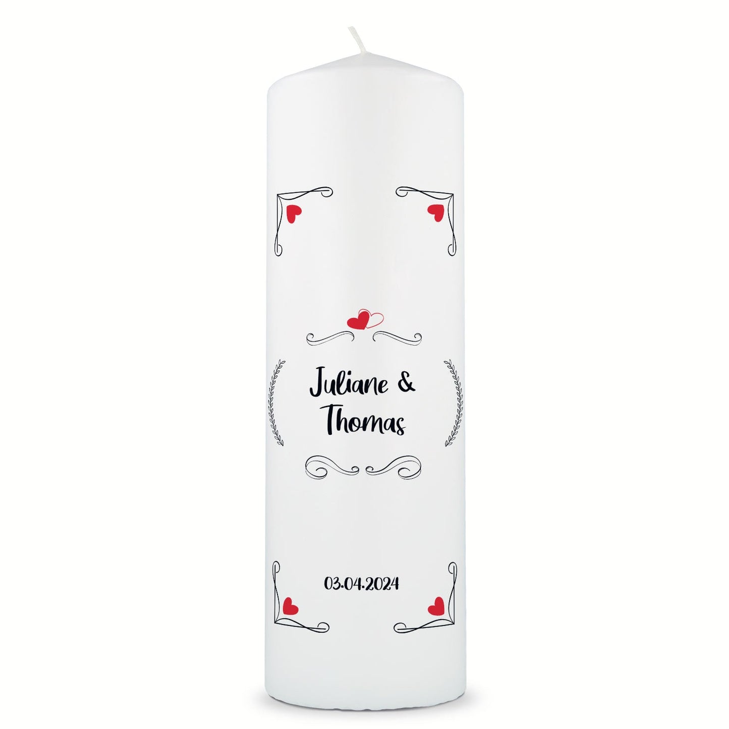 Große Kerze "Red Hearts" - Hochzeitskerze mit Namen, Datum & Wunschtext