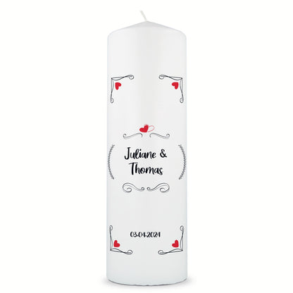 Große Kerze "Red Hearts" - Hochzeitskerze mit Namen, Datum & Wunschtext