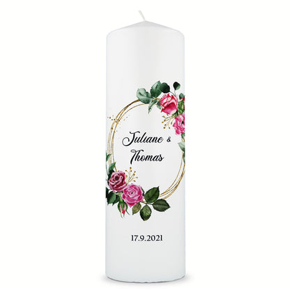 Große Kerze "Pink Rose" - Hochzeitskerze mit Namen, Datum & Wunschtext