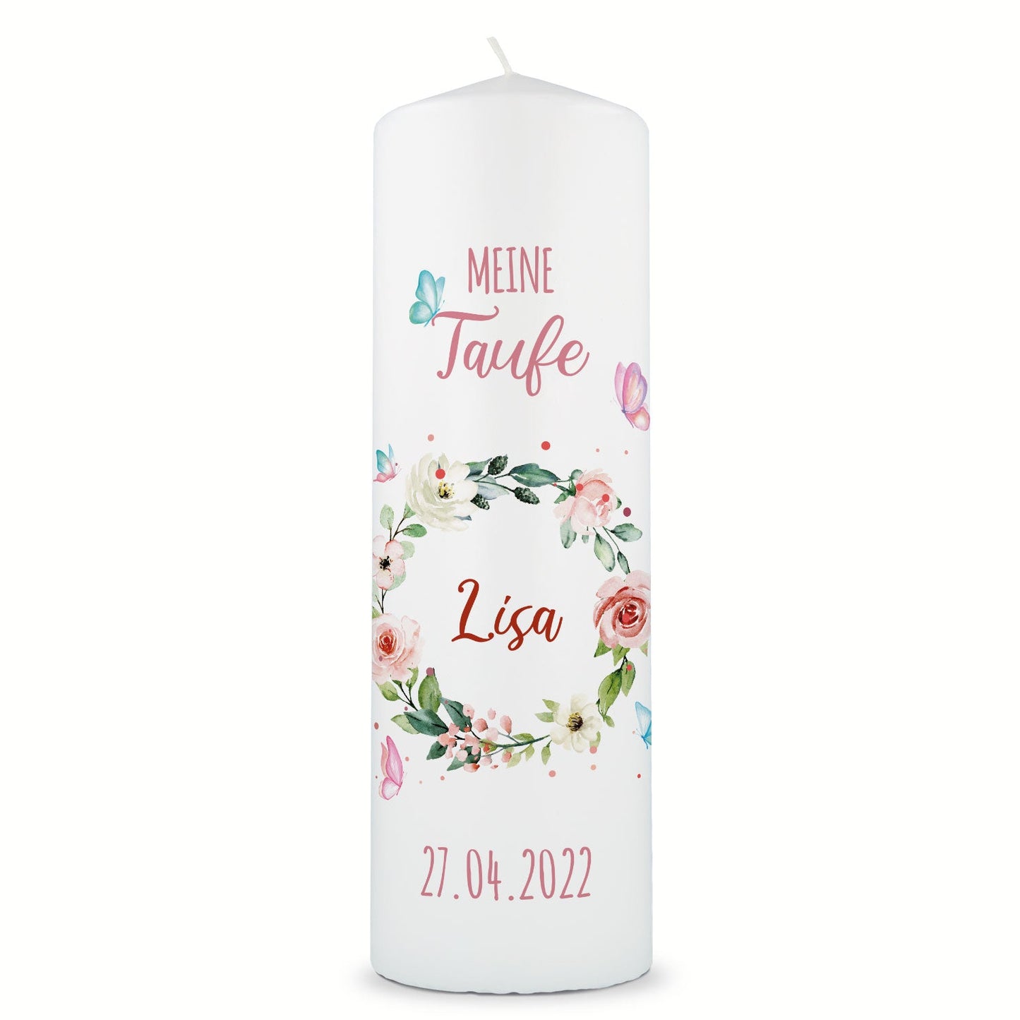 Große Kerze "Blumenkranz" - Taufkerze mit Namen & Datum