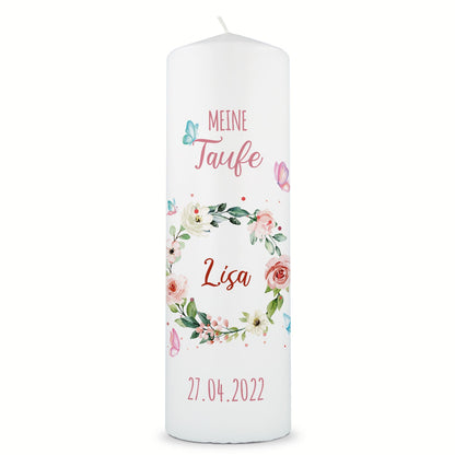 Große Kerze "Blumenkranz" - Taufkerze mit Namen & Datum