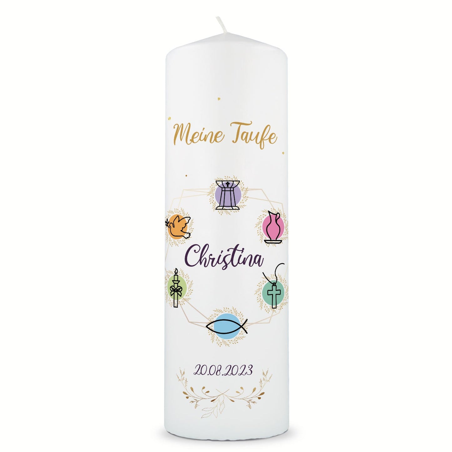 Große Kerze "Christliche Symbole" - Taufkerze mit Namen, Datum & Wunschtext