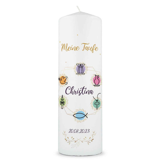 Große Kerze "Christliche Symbole" - Taufkerze mit Namen, Datum & Wunschtext