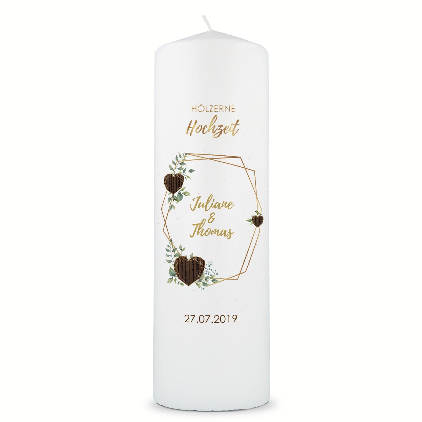 Große Kerze "Hölzerne Hochzeit" - Hochzeitskerze mit Namen, Datum & Wunschtext