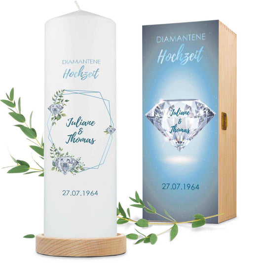 Große Kerze "Diamanthochzeit" - Hochzeitskerze mit Namen, Datum & Wunschtext