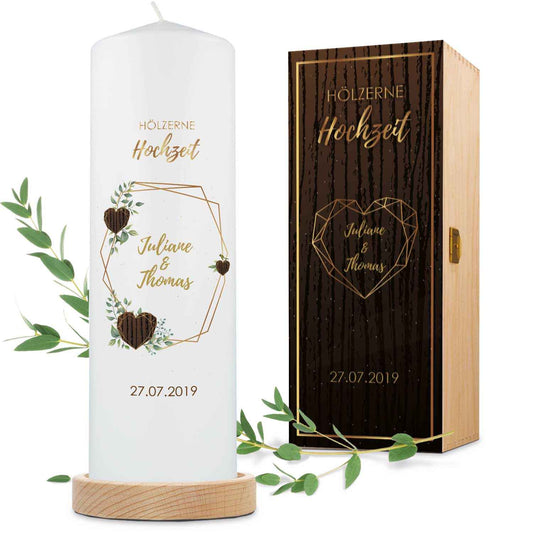 Große Kerze "Hölzerne Hochzeit" - Hochzeitskerze mit Namen, Datum & Wunschtext