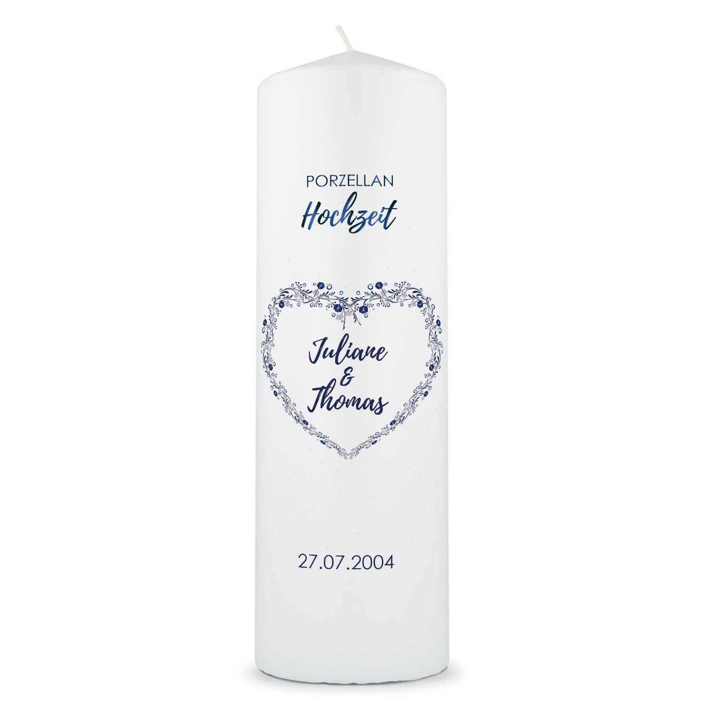 Große Kerze "Porzellanhochzeit" - Hochzeitskerze mit Namen, Datum & Wunschtext