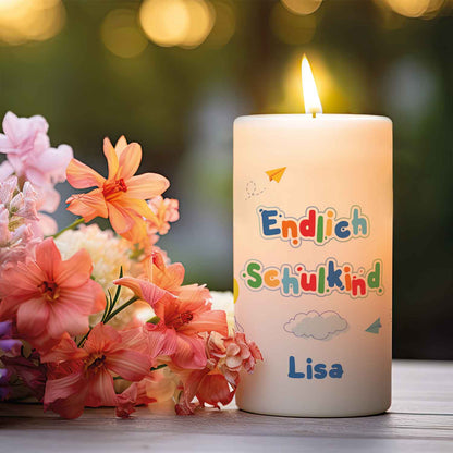 Große Kerze "Endlich Schulkind" mit Namen zur Einschulung