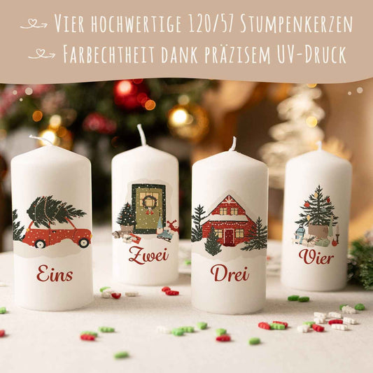 Kleine Kerzen "Advent Weihnachtsmotive" - Adventskerzen im 4er Set