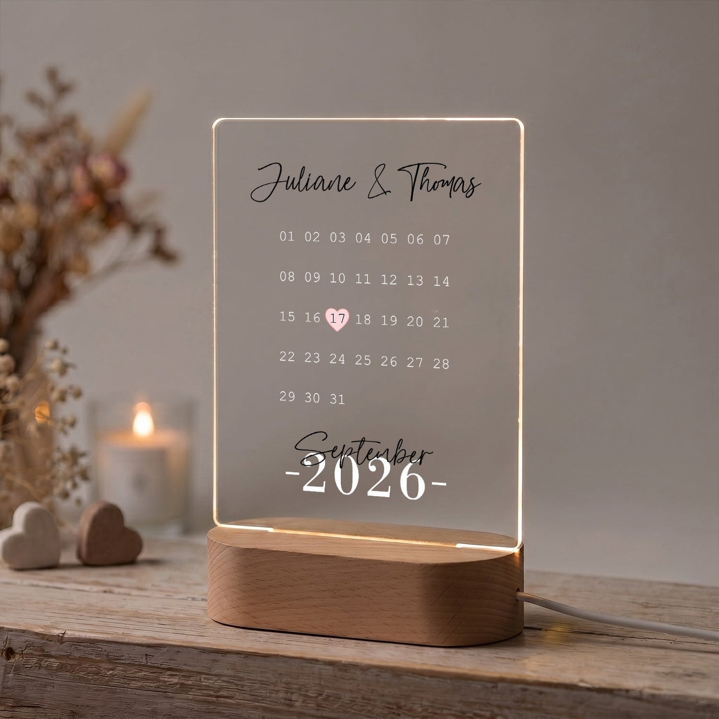 Beleuchtetes Acrylglas - Kalender - Personalisiertes Geschenk mit Namen & Datum
