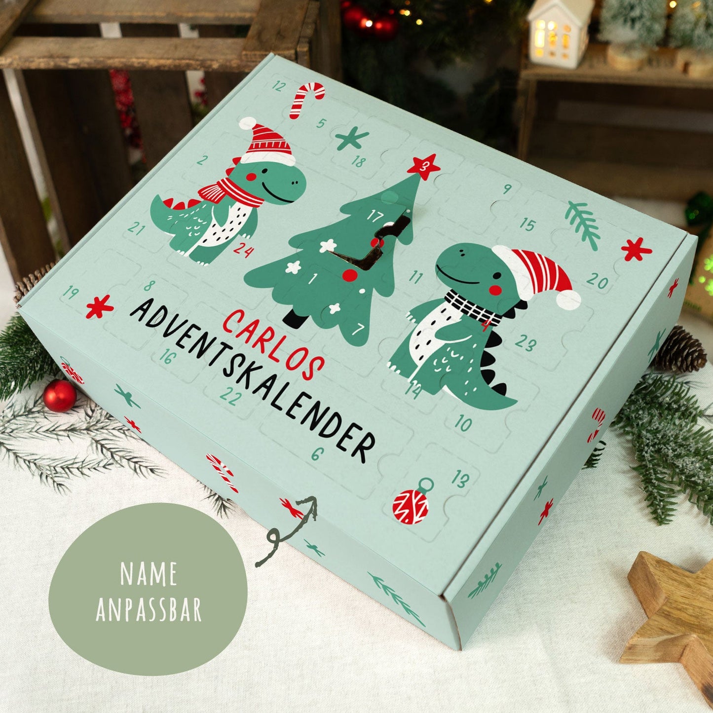 Personalisierter DIY Adventskalender mit Dinos Design zum selbst Befüllen