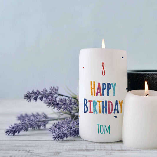 Kleine Kerze "Happy Birthday" mit Namen und Alter zum Geburtstag