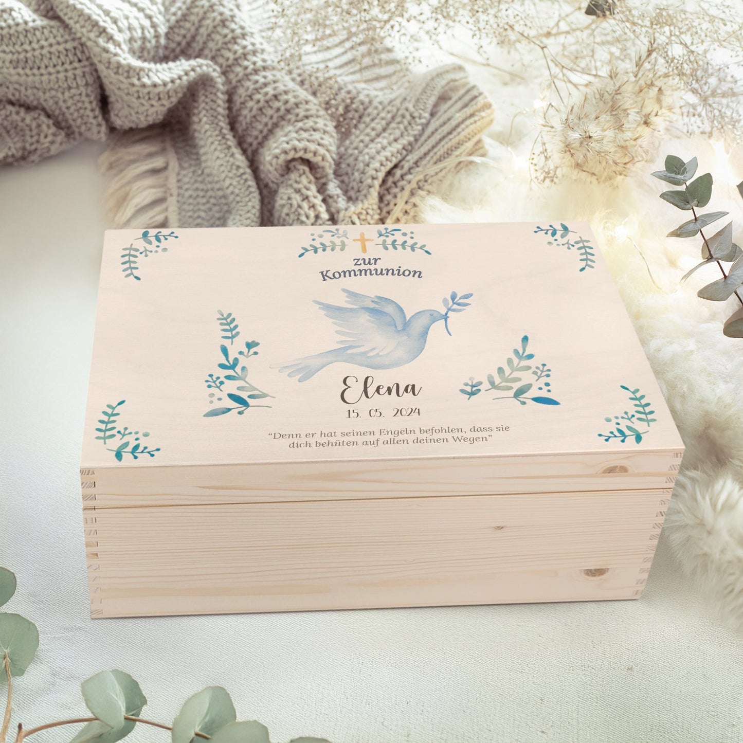 Bedruckte Erinnerungskiste zur Kommunion & Konfirmation - Taube Konfirmation