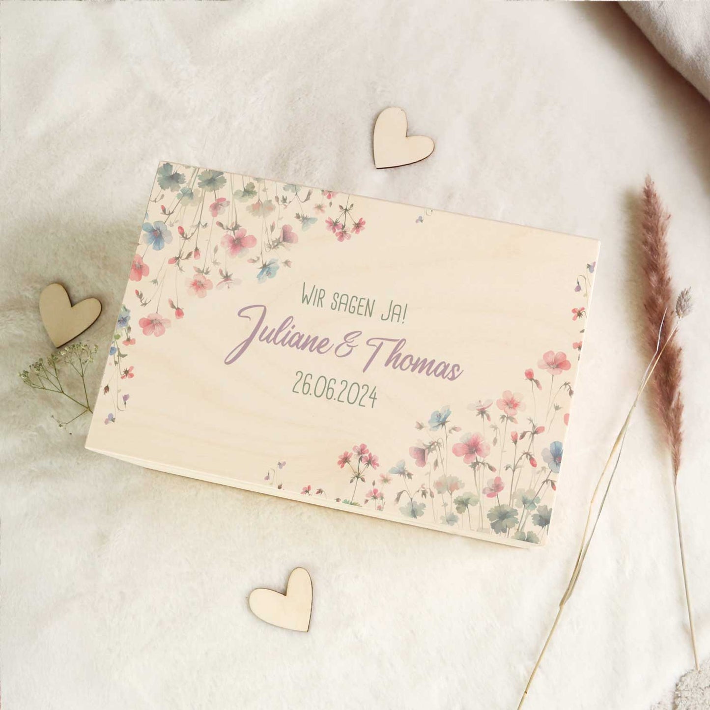 Erinnerungskiste mit UV-Druck im Pastell Flowers Design - Personalisiertes Geschenk zur Hochzeit