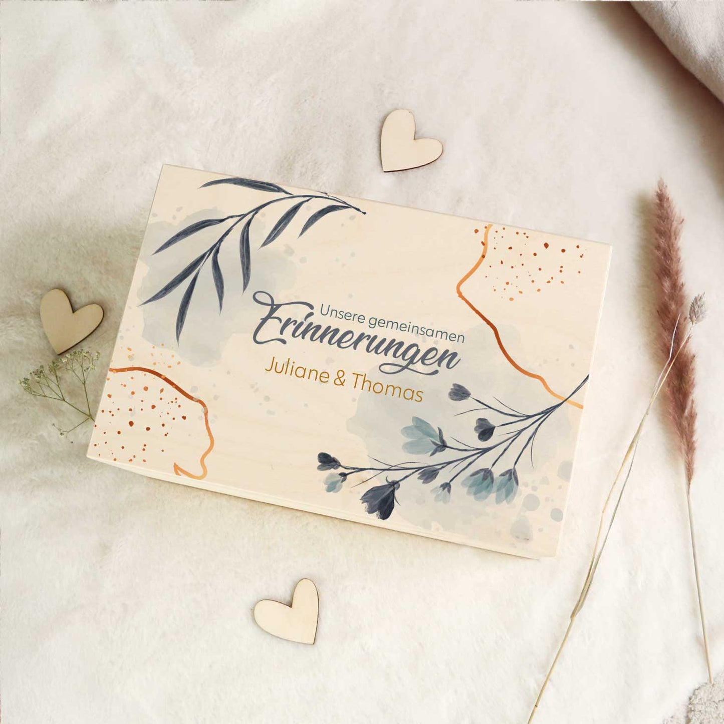 Erinnerungskiste mit UV-Druck im Unsere gemeinsamen Erinnerungen Design - Personalisiertes Geschenk zur Hochzeit