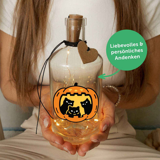 Flaschenlicht mit LED-Lichterkette im Halloween Kürbis Katzen UV Design