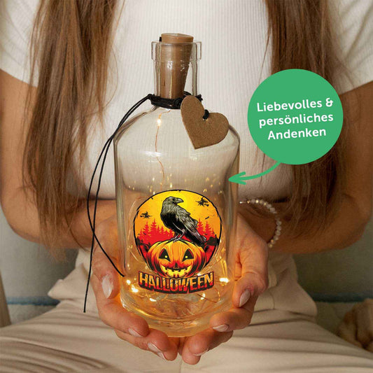 Flaschenlicht mit LED-Lichterkette im Halloween Rabe UV Design